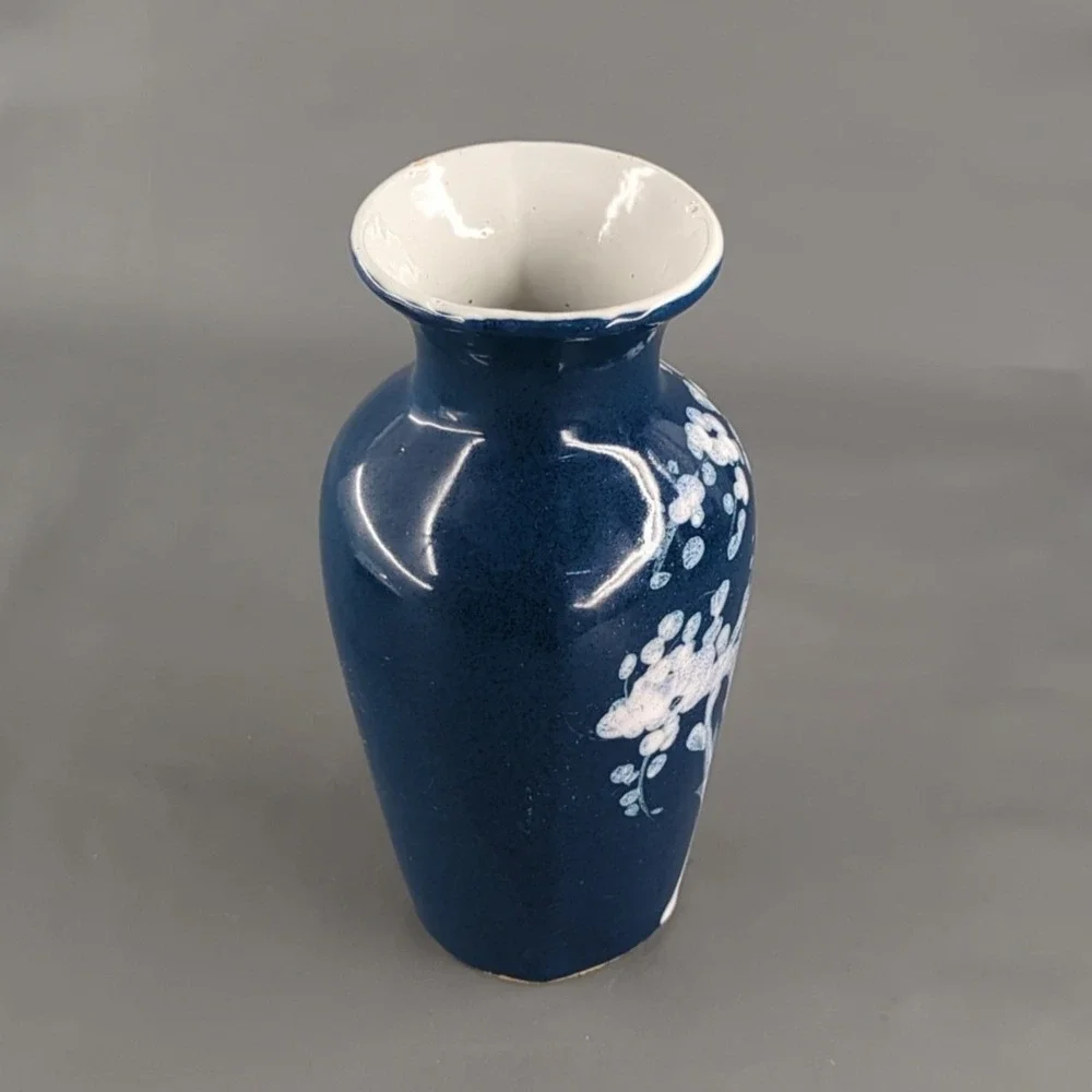 Blue Ceramic Floral Bud Vase White Cherry Blossom 8 Inch Pottery Decor